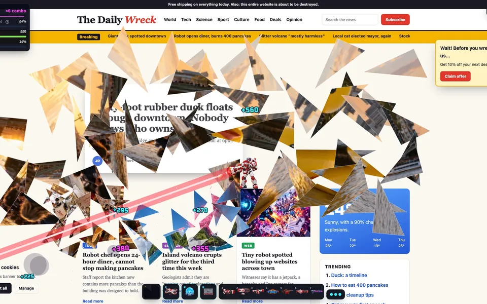 MECH-9’s arm laser cutting across a news page in Tabzooka, with the headline photo in pieces.