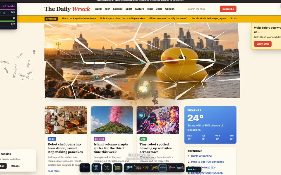 Tabzooka on its built-in news page: the headline photo cracks a moment before it shatters.