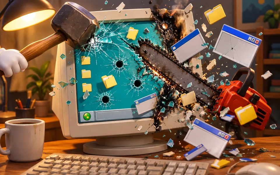 Illustration: an old CRT monitor showing a desktop, cracked by a sledgehammer and cut open by a chainsaw.