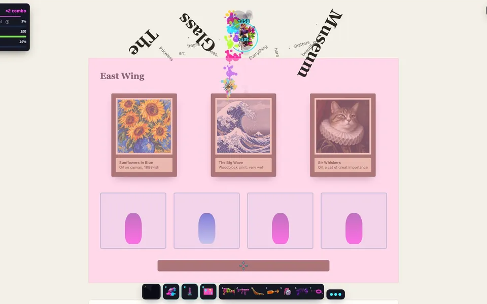 A co-op game on Tabzooka’s Glass Museum page: the title letters fly apart as the players break through.