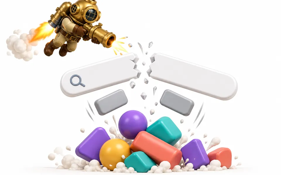 Illustration: a search page breaking apart under gravity while a jetpack hero in a diving suit fires at the pieces.