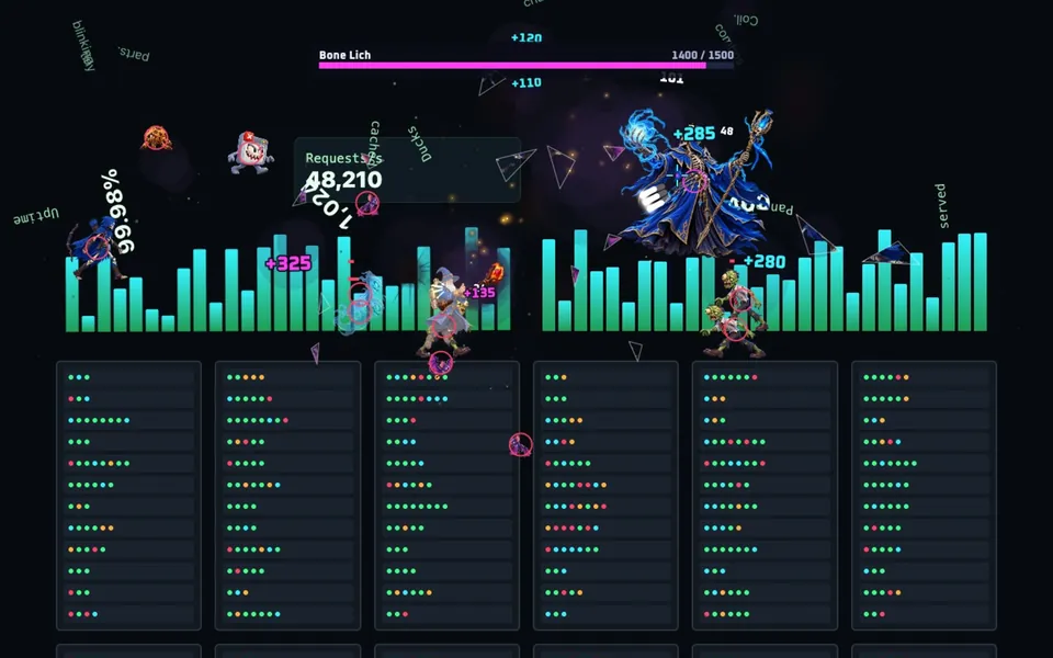 The Bone Lich boss and its undead pack on Tabzooka’s dark Server Farm page in Web Invasion mode.
