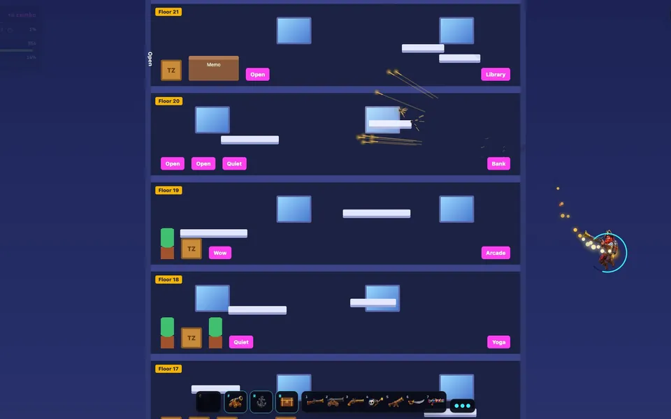 A 1v1 match on Tabzooka’s Sky Tower page, with one player jetpacking along the outside of the tower.