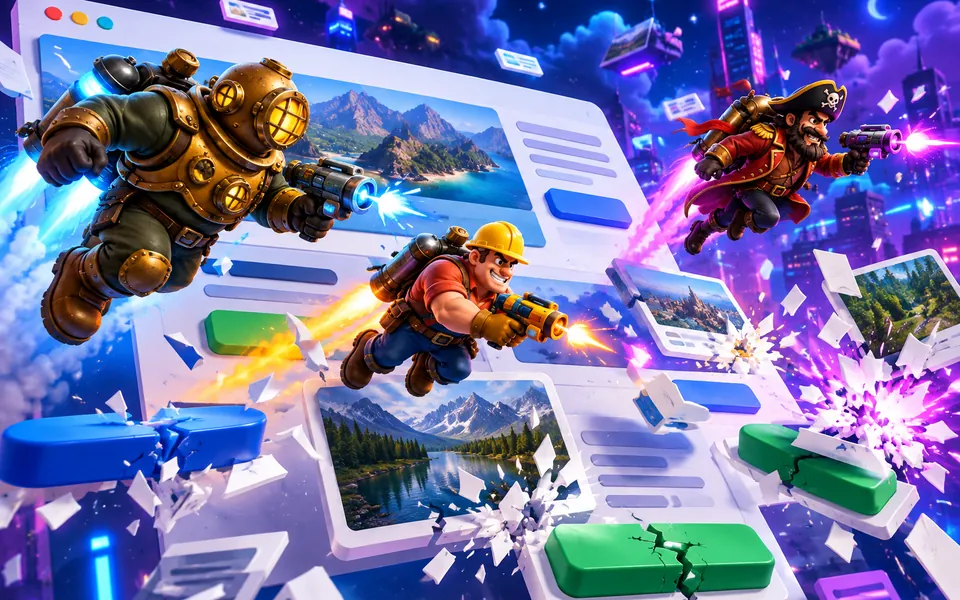 Illustration: three jetpack heroes racing across a giant web page whose headlines and photos have become platforms.