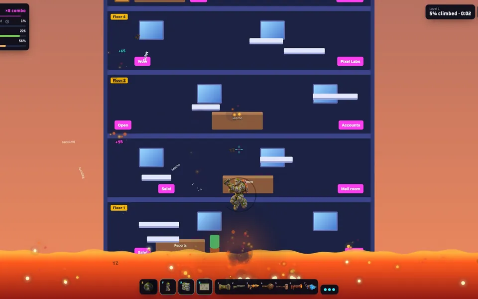 Floor Is Lava on Tabzooka’s Sky Tower page: the hero climbs floor by floor while the lava rises underneath.