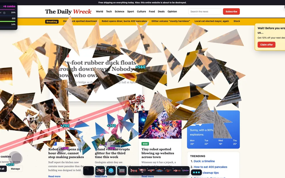 MECH-9 tearing through Tabzooka’s practice news page as the headline photo breaks into shards.