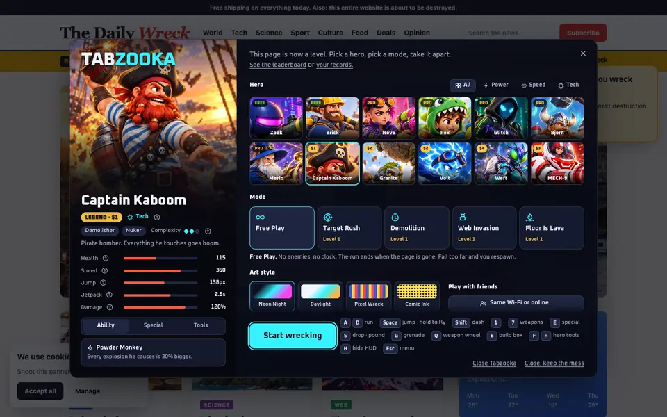 The Tabzooka menu: hero portraits, modes, art styles, Play with friends and Start wrecking.