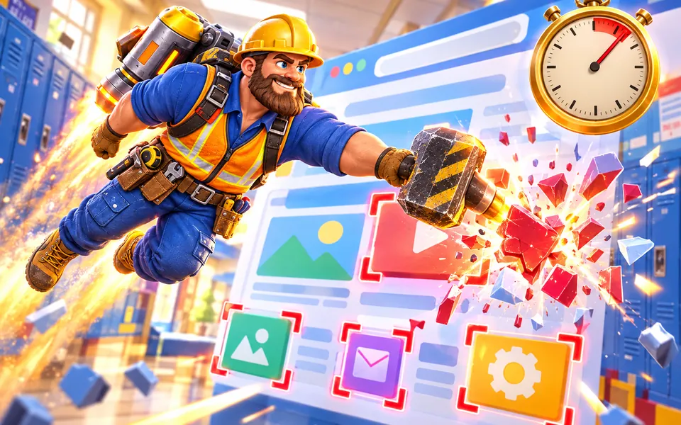 Illustration: Brick swings a hammer at targets marked with red brackets on a giant web page while a stopwatch runs out behind him.