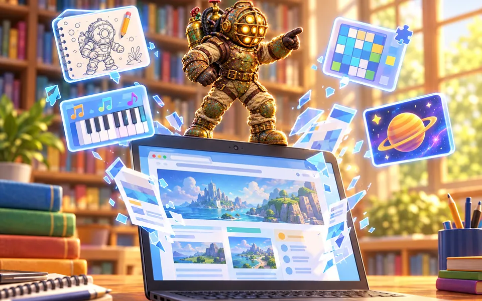 Illustration: Fathom, a Tabzooka hero, stands on top of a Chromebook in a school library, surrounded by floating panels for drawing, music, puzzles and space.