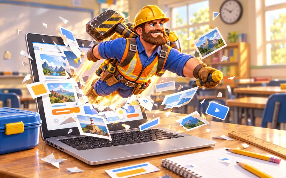 Illustration: Brick, a Tabzooka hero, jetpacks out of a Chromebook on a classroom desk while pieces of the web page scatter over a notebook.