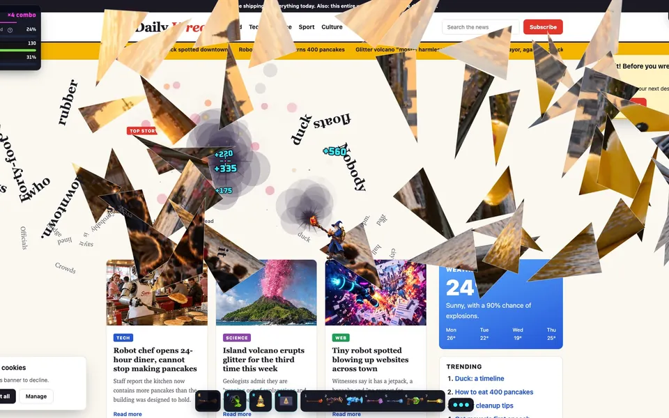 Tabzooka’s Merlo blasting a news headline: the letters fly off the page and the photo breaks into shards.