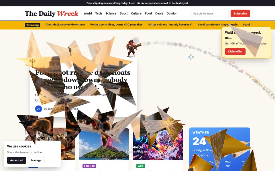 Tabzooka on a news site: the hero blasts the headline photo into shards.